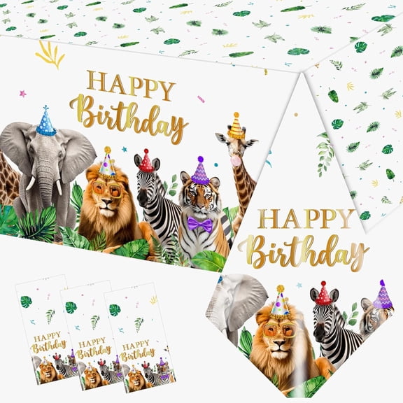 Safari Animal Birthday Party Tablecloth, 87 X 51 Inch Rectangular Plastic Table Cover, Jungle Wild Animal Theme for Kids Zoo Party Supplies, Multicolor