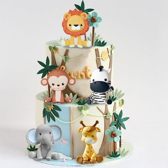 Safari Animal Cake Topper , 5pcs Jungle Wild Cake Toppers with Lion Zebra Giraffe Elephant Monkey Cake Decorations for Safari Animals Themed Birthday Party Decorations