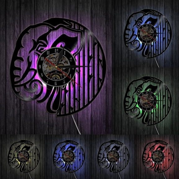 Safari Animal Elephant Wall Clock Wildlife Elephant Nursery Art Home Decor Vinyl Record Silent Movement Elephant Wall Watch With LED