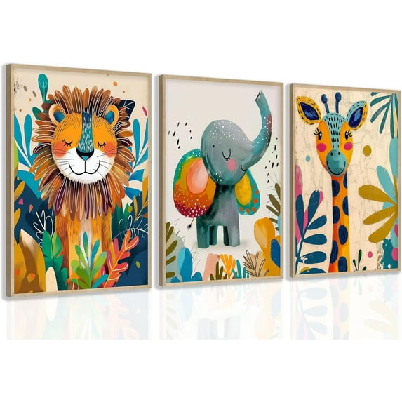 Safari Animal Nursery Canvas Wall Art Cute Watercolor Elephant Giraffe Lion Pictures Wall Decor Colorful Jungle Animals Posters Painting Prints for Kids Room Baby Boys(only canvas)