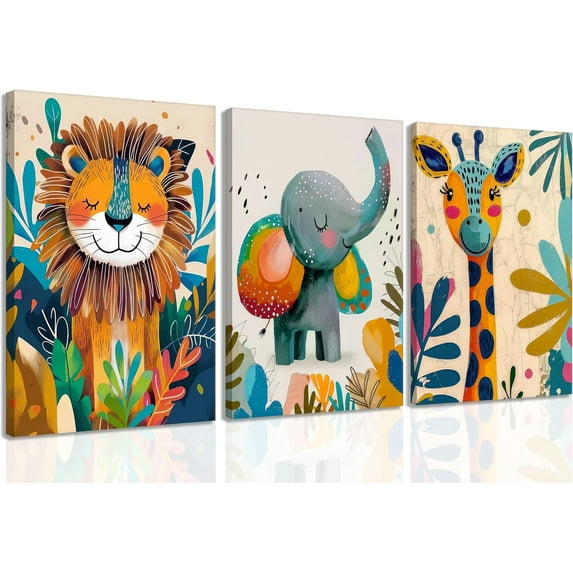 Safari Animal Nursery Canvas Wall Art Cute Watercolor Elephant Giraffe Lion Pictures Wall Decor Colorful Jungle Animals Posters Painting Prints for Kids Room Baby Boys(only canvas)