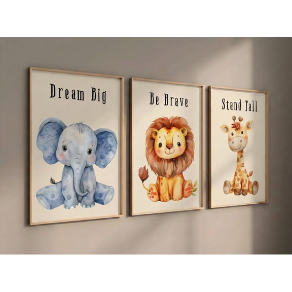Safari Animal Nursery Elephant Lion Giraffe Art Boho Baby Room Wall Decor Set 3 Unframed Paper Print