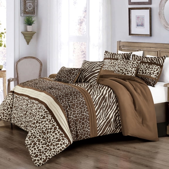 Safari Animal Print Bedding with Leopard, Zebra & Giraffe Patterns - 6 Piece Comforter Set Queen
