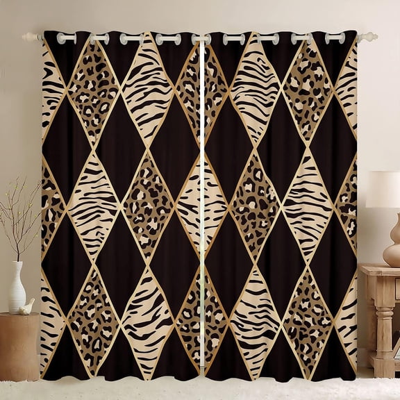 Safari Animal Print Blackout Curtains - Cheetah, Zebra, Tiger & Giraffe - Leopard Pattern - 76Wx45L - Black, Brown, Gold - Geometric Patchwork Plaid - Living Room Decor
