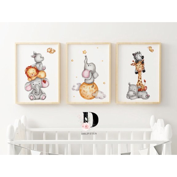 Safari Animal Wall Art, Jungle Space, Baby Shower, Bedroom, Nursery And Gallery Wall Decor