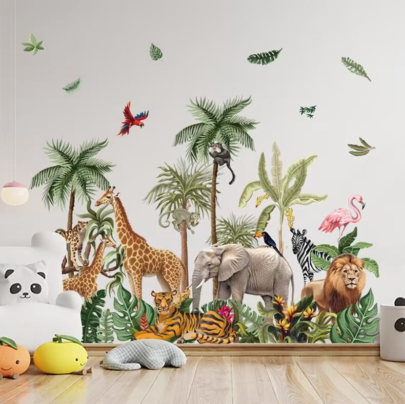 Wild Sticker Safari Animal Wall Stickers Tropical Palm Leaves Wall Decals Jungle ...