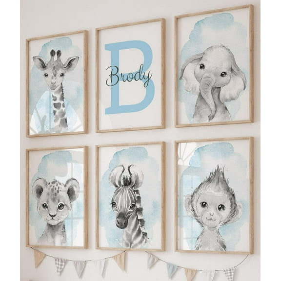Safari Animals Boys Nursery Bedroom Unframed set of 3 Poster Prints, Personalized Name Blue Green Yellow Bow Tie Wall Art Decor New Baby Gift Present, Elephant Giraffe Lion Zebra (11x14)