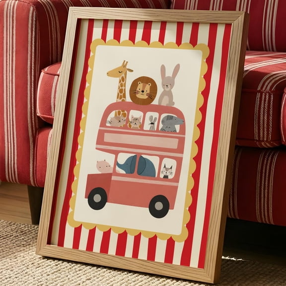 Safari Animals Bus Print Toddler Room Decor Striped Nursery Wall Art Jungle Animal Poster Red Bus Kids Art Playful Kids Decor