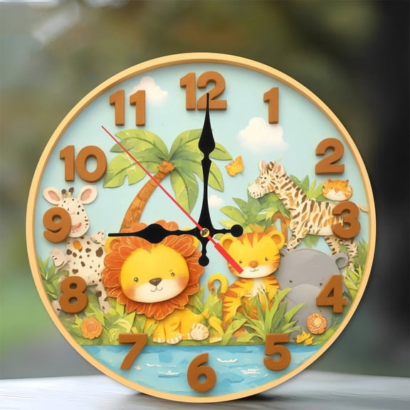 Safari Animals Cartoon Wall Clock Kids Room Decor 10-Inch Silent Wooden Wall Clock, Battery Operated (AA Batteries Not Included), Artistic Home Decor