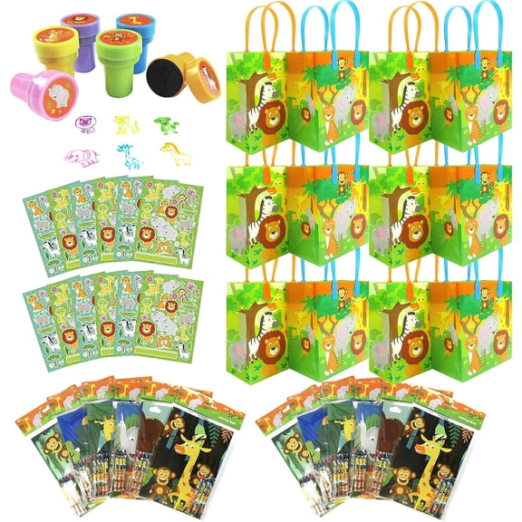 Safari Animals Jungle Book Birthday Party Assortment Favor Set of 108 pcs (12 Large Party Favor Treat Bags with Handles, 24 Self-Ink Stamps for Kids, 12 Sticker Sheets, 12 Coloring Books, 48 Crayons)