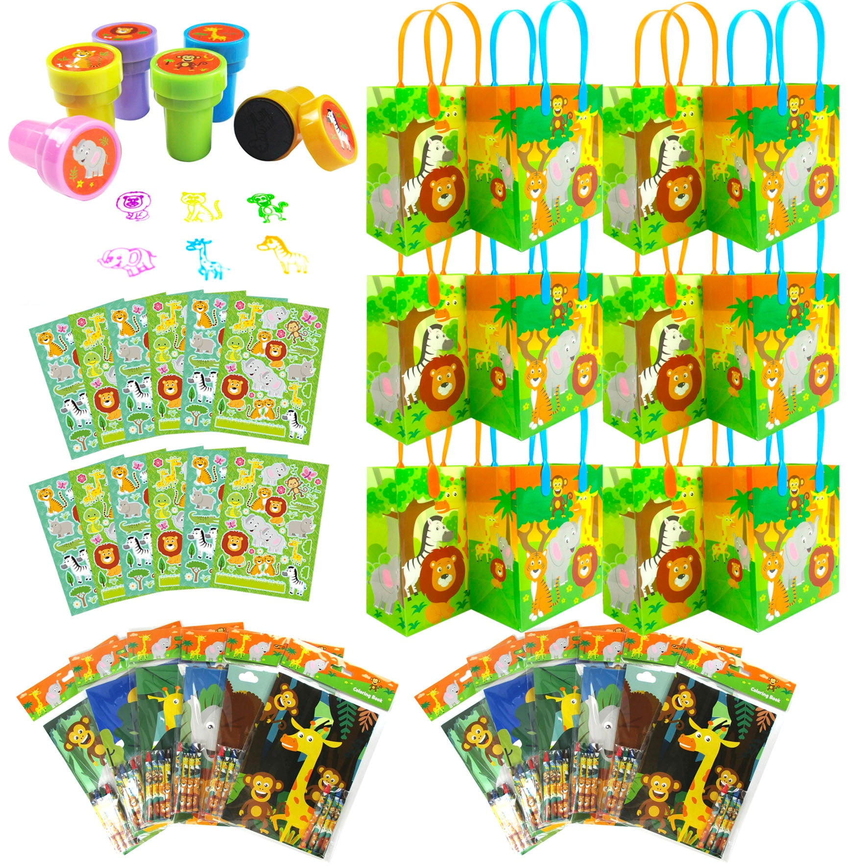 Safari Animals Jungle Book Birthday Party Assortment Favor Set of 108 pcs (12 Large Party Favor Treat Bags with Handles, 24 Self-Ink Stamps for Kids, 12 Sticker Sheets, 12 Coloring Books, 48 Crayons)