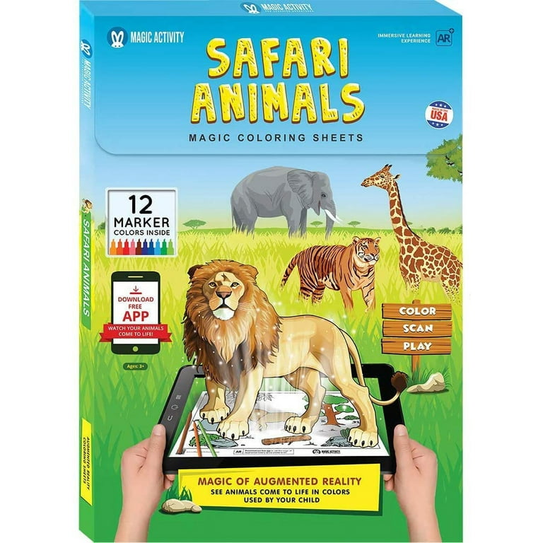 Safari Animals Magic Coloring Book for Kids Ages 4-8 with Augmented Reality  (Color, Scan, Play) - 12 Markers & App Included 