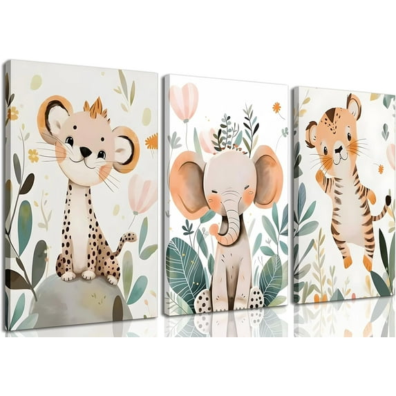 Safari Animals Nursery Canvas Wall Hieng Jungle Animals Cheetah Elephant Tiger Kids Room Illustration Pictures Wall Decor Posters Print Hiengwork for Classroom Boy's Girl's Room Bedroom