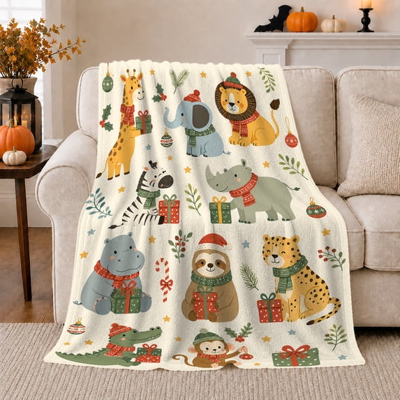 Safari Animals with Presents and Ornaments, Festive Whimsical Style for Animal Lovers, Holiday Jungle Pattern and Christmas Gift, Cozy Flannel Blanket for Playroom and Family Room, Home Decor