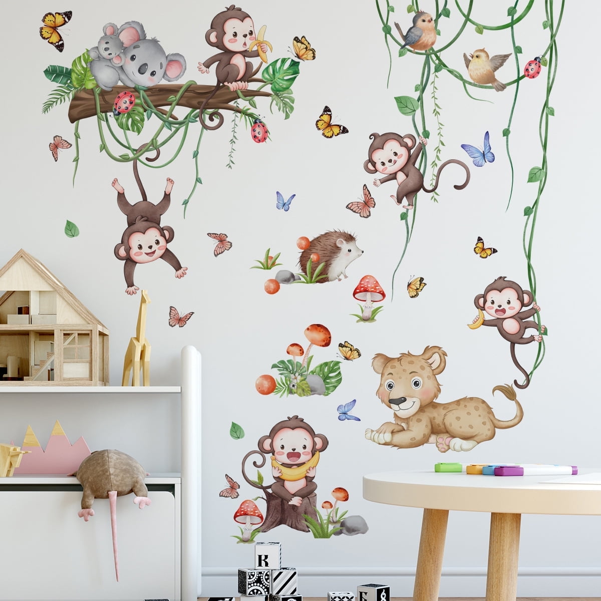 Jungle Monkey Climbing Tree Wall Decals Jungle Animals Vine Leaves Wall Stickers Baby Nursery Kids Room Living Room Wall Decor