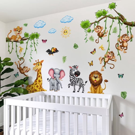 Safari Animals Wall Decals Jungle Animals Climbing Tree Giraffe Elephant Lion Wall Stickers Baby Nursery Kids Room Wall Decor