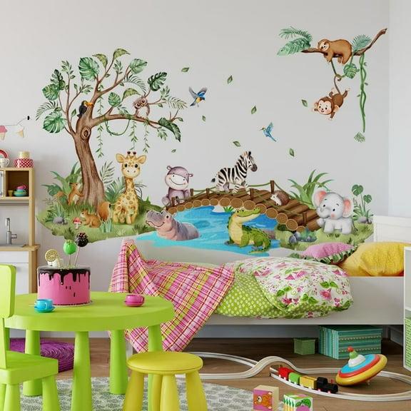 Safari Animals Wall Decals Jungle Animals Wall Sticker Tree Giraffe Elephant Lion Wall Stickers DIY Removable Jungle for Baby Nursery Playroom Bedroom Classroom Kindergarten Wall Decor