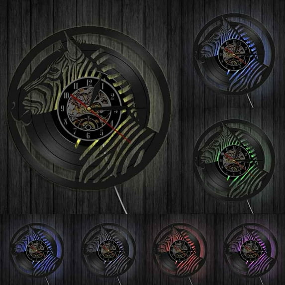 Safari Animals Zebra Vinyl Record Wall Clock Pinto Horse Art African Wild Animal Silent Quartz Watch Nursery Home Room Decor