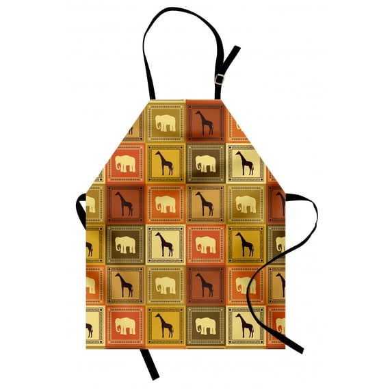 Safari Apron African Animals Pattern Silhouette Exotic Fauna Frame Vintage Illustration, Unisex Kitchen Bib Apron with Adjustable Neck for Cooking Baking Gardening, Brown and Black, by Ambesonne