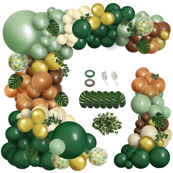 Safari Balloon Arch Kit Green Brown Jungle Garland with Animal Print Balloons Palm Leaves