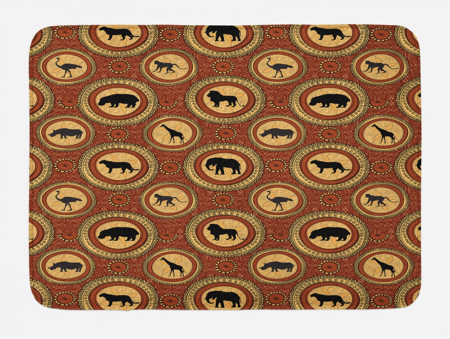 African Mat Pattern Safari Bath Mat, African Ethnic Medallion Pattern with Monkey Giraffe ...