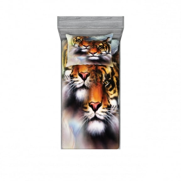 Safari Bedding Set with Sheet & Covers, Double Exposure Tiger Collage with 2 Overlapping Images Oriental Mandala Backdrop, Printed Bedroom Decor 2 Shams, 4 Sizes, Multicolor, by Ambesonne