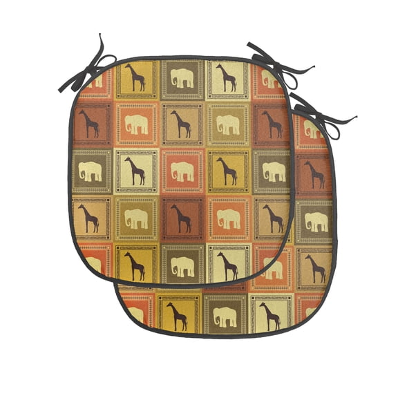 Safari Chair Seating Cushion Set of 2, Animals Pattern Silhouette Exotic Fauna Frame Vintage Illustration, Seat Pads for Office with Anti-slip Backing, 16"x16", Brown and Black, by Ambesonne