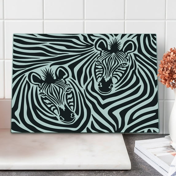 Safari Cutting Board, Couple of Zebras Eyes Face Heads Image Pattern Wild Animals Design, Decorative Tempered Glass Cutting and Serving Board, Large Size, Charcoal Grey White, by Ambesonne