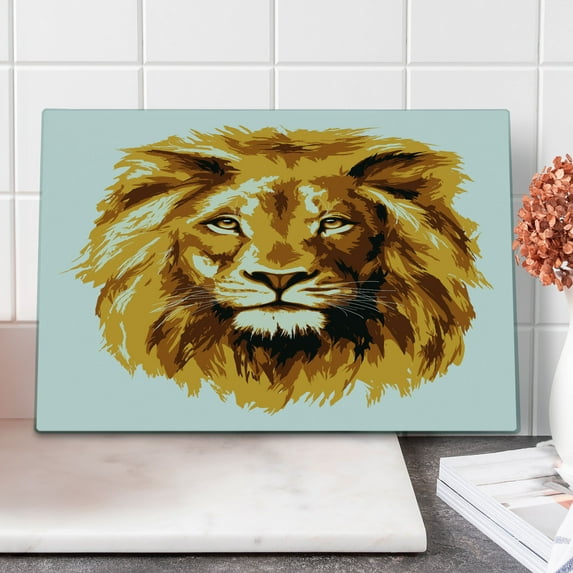 Safari Cutting Board, Illustration of the Lion Biggest Cat in Africa Animal in Tropics Art Print, Decorative Tempered Glass Cutting and Serving Board, Large Size, Orange and White, by Ambesonne