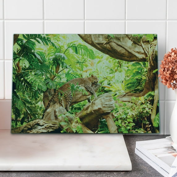 Safari Cutting Board, Leopard on the Branch in Savannah Exotic Macro Tropical Leaf Jungle Wild Nature Art, Decorative Tempered Glass Cutting and Serving Board, Large Size, Brown Green, by Ambesonne