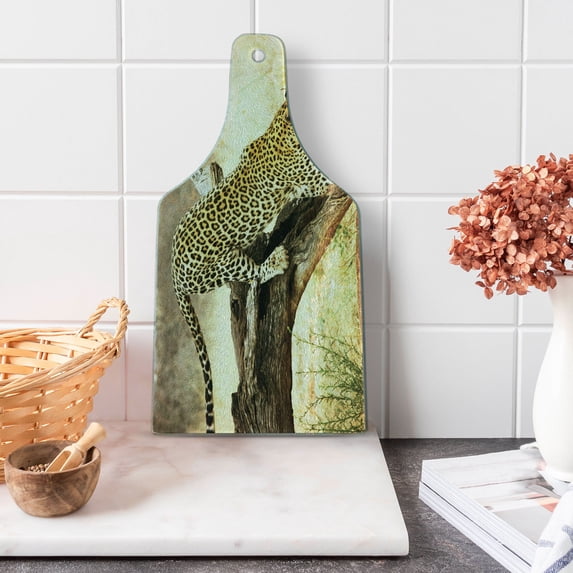 Safari Cutting Board, Leopard on Tree Trunk Desert Plants Exotic Hunter Predator Big Cat Image, Tempered Glass Cutting and Serving Board, Wine Bottle Shape, Yellow Green Brown, by Ambesonne