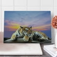 thumbnail image 1 of Safari Cutting Board, Tiger Lying on Wood Blue Sky Colorful Sunset Pose Strpies Claws, Decorative Tempered Glass Cutting and Serving Board, Large Size, Lavender Mustard, by Ambesonne, 1 of 5