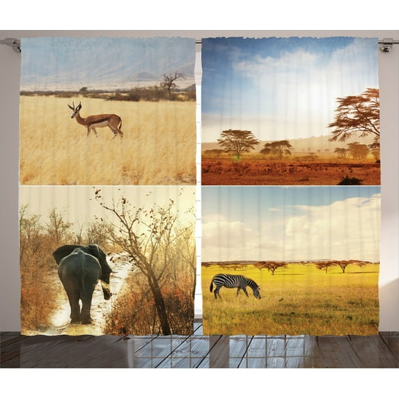 Ambesonne Savannah Curtains 2 Panel Set, Wild Animals Collage Image, 108" x 90", Multicolor