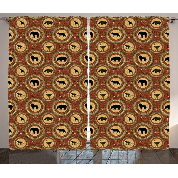 Ambesonne Savannah Curtains 2 Panel Set, Monkey Lion Folk African, 108" x 90", Mustard and Brown