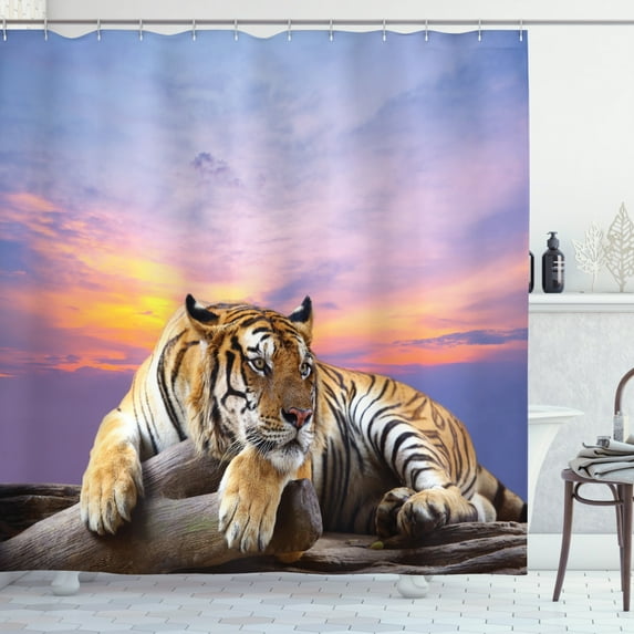 Safari Decor Shower Curtain Set, Tiger Lying On Wood Branch Blue Sky Colorful Sunset Pose Strpies Claws, Bathroom Accessories, 69W X 70L Inches, By Ambesonne