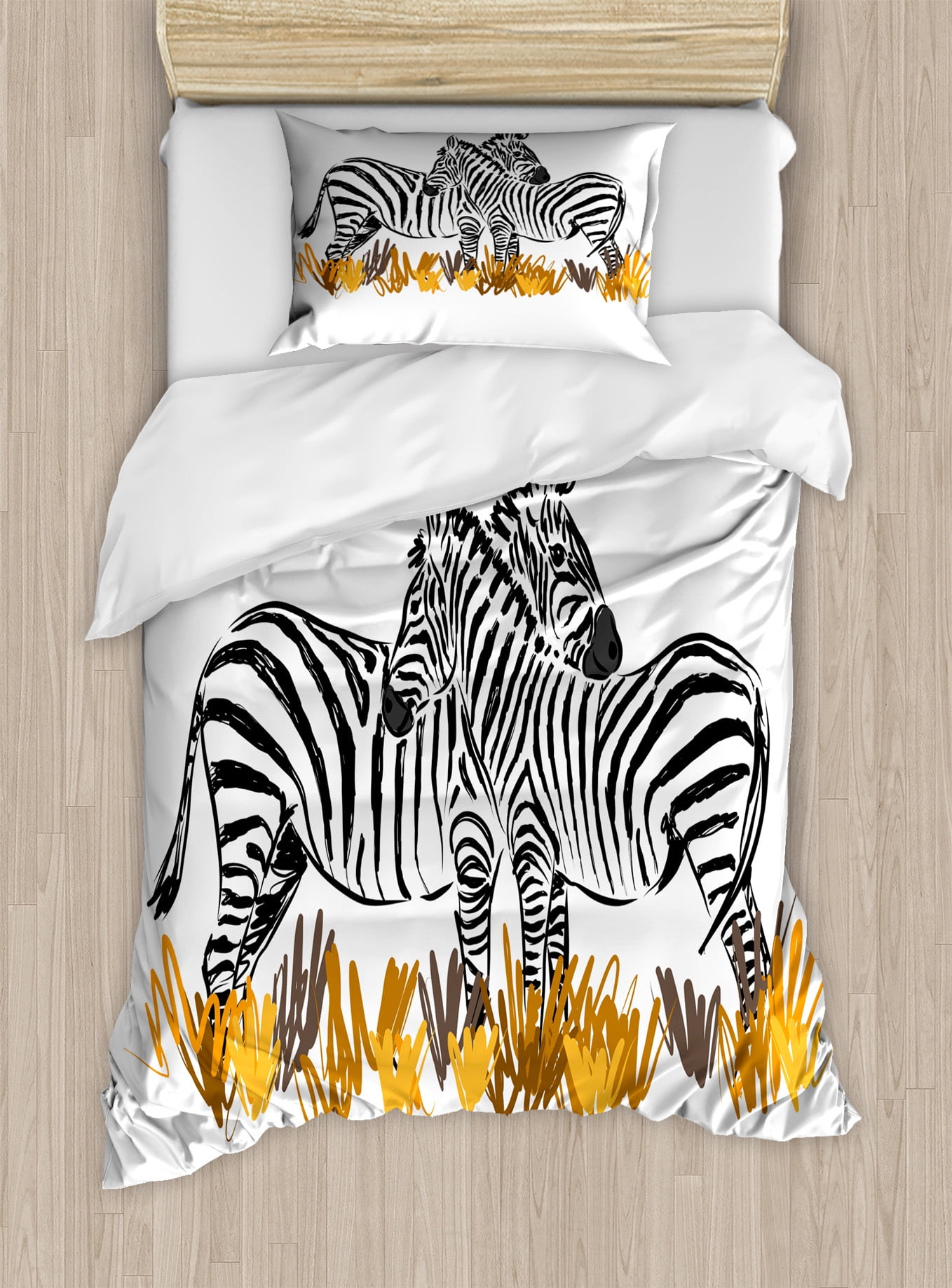 Safari Duvet Cover Set, Graphical Image of 2 Zebras in the Woods Hand