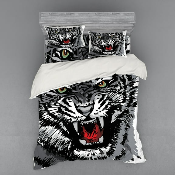 Safari Duvet Cover Set, Illustration of Charismatic Tiger Territorial Predator Power with Patterns, Bedding Set with Shams and Fitted Sheet, 3 Sizes, by Ambesonne