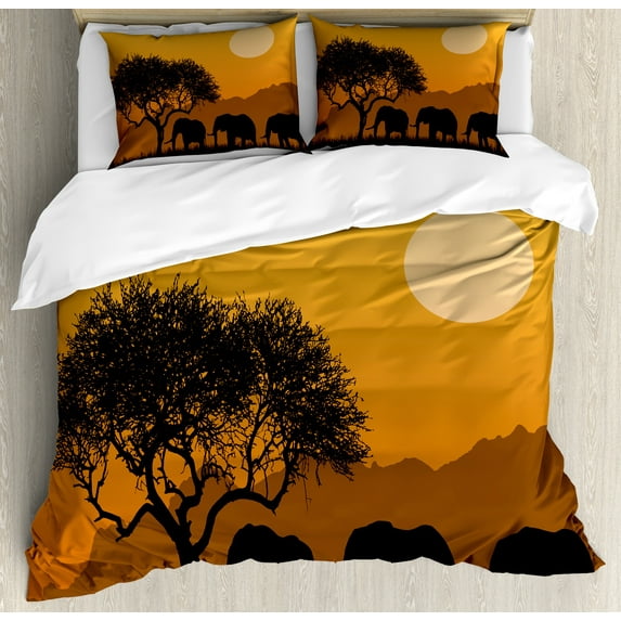 Safari Duvet Cover Set, Illustration of Typical African Wilderness with Endemic Animals Nature, Decorative 3 Piece Bedding Set with 2 Pillow Shams, Queen Size, Dark Yellow Multicolor, by Ambesonne