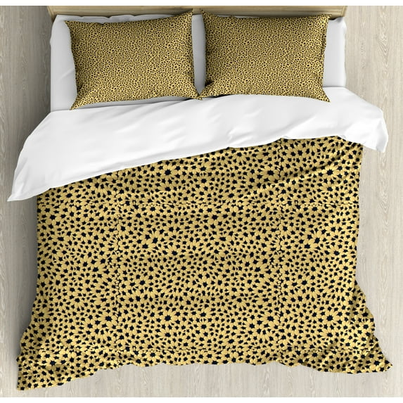 Safari Duvet Cover Set Queen Size, Continuing Illustration of Tropical Flowers Wildlife Details Layout, Decorative 3 Piece Bedding Set with 2 Pillow Shams, Dark Grey and Pale Camel, by Ambesonne