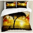 thumbnail image 1 of Safari Duvet Cover Set Queen Size, Single Tree at Dreamy African Sunset with Dark Dramatic Clouds on the Sky Art, Decorative 3 Piece Bedding Set with 2 Pillow Shams, Green Red White, by Ambesonne, 1 of 3