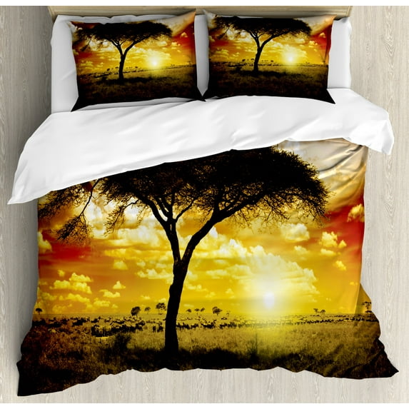 Safari Duvet Cover Set Queen Size, Single Tree at Dreamy African Sunset with Dark Dramatic Clouds on the Sky Art, Decorative 3 Piece Bedding Set with 2 Pillow Shams, Green Red White, by Ambesonne