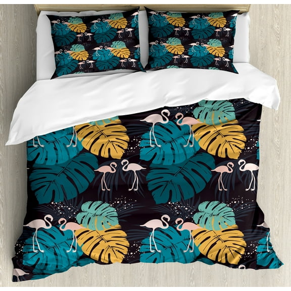 Safari Duvet Cover Set, Tropical Arrangement of Flamingos Monstera Leaves Plantation and Spots, Decorative 3 Piece Bedding Set with 2 Pillow Shams, King Size, Indigo and Multicolor, by Ambesonne