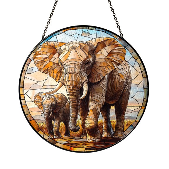 Safari Elephant Family Glass Suncatcher Window Decor, Round Hanging Animal Art