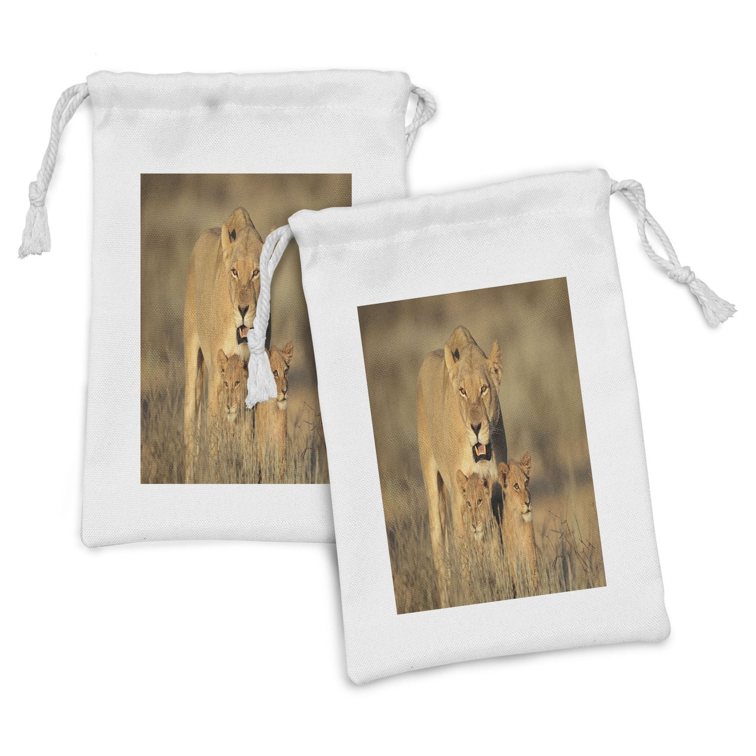 Safari Fabric Pouch Set of 2, Mom Lioness and Young Lion Kings in South Nature Big Cats at Wilderness Safari, Small Drawstring Bag for Toiletries Masks and Favors, 9" x 6", Cream, by Ambesonne