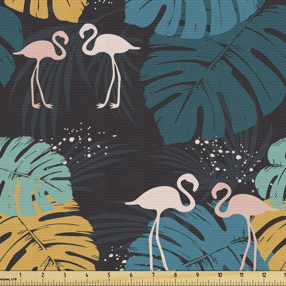 Safari Fabric by the Yard, Tropical Arrangement of Flamingos Monstera Leaves Plantation and Spots, Decorative Upholstery Fabric for Sofas and Home Accents, 2 Yards, Indigo and Multicolor by Ambesonne