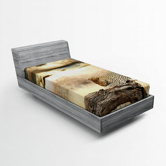 Safari Fitted Sheet, Leopard Resting Dramatic Cloudy Sky Safari Wild Cats Nature Picture, Soft Decorative Fabric Bedding, Twin Size, Beige and Brown, by Ambesonne