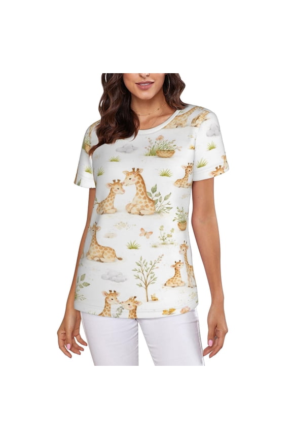 Safari Giraffe Pattern T-Shirt Crew Neck Short Sleeve Full-Print for Women