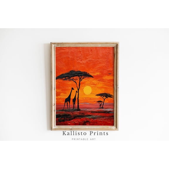 Safari Giraffe Sunset Print Poster Wall Art Bold African Landscape , Fiery Orange Wildlife , Boho Safari Home 1186, Size 12x18 UNFFRAMED F03.1.6l3023