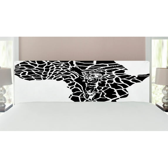 Safari Headboard, Illustration of Continent Map as Animal Skin Wilderness Species Print, Upholstered Decorative Metal Bed Headboard with Memory Foam, King Size, Black and White, by Ambesonne