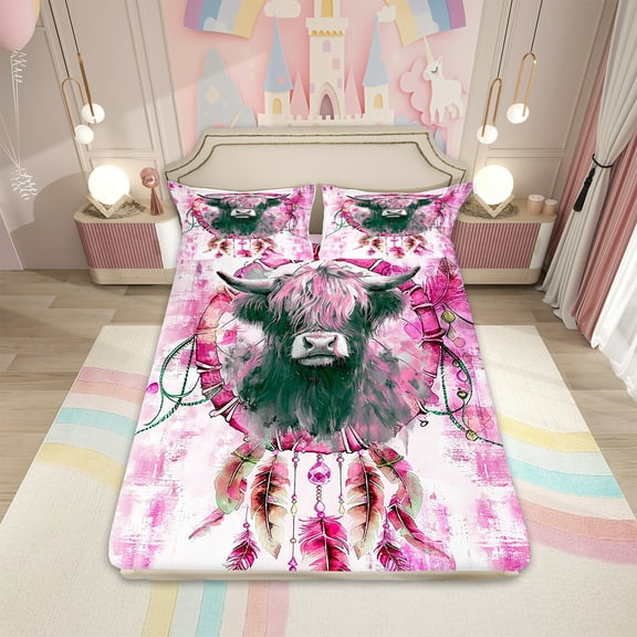 Safari Highland Cow Bed Sheets Set for Kids Boys Girls Farm Animal Twin Sheet Set,Bohemian Dreamcatcher Sheets Pink Ombre Bed Set,Tribal Feather Flat Sheet